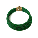 Handcrafted layered beaded choker necklace featuring intricately threaded glass beads, showcasing a vibrant blend of colors and textures.