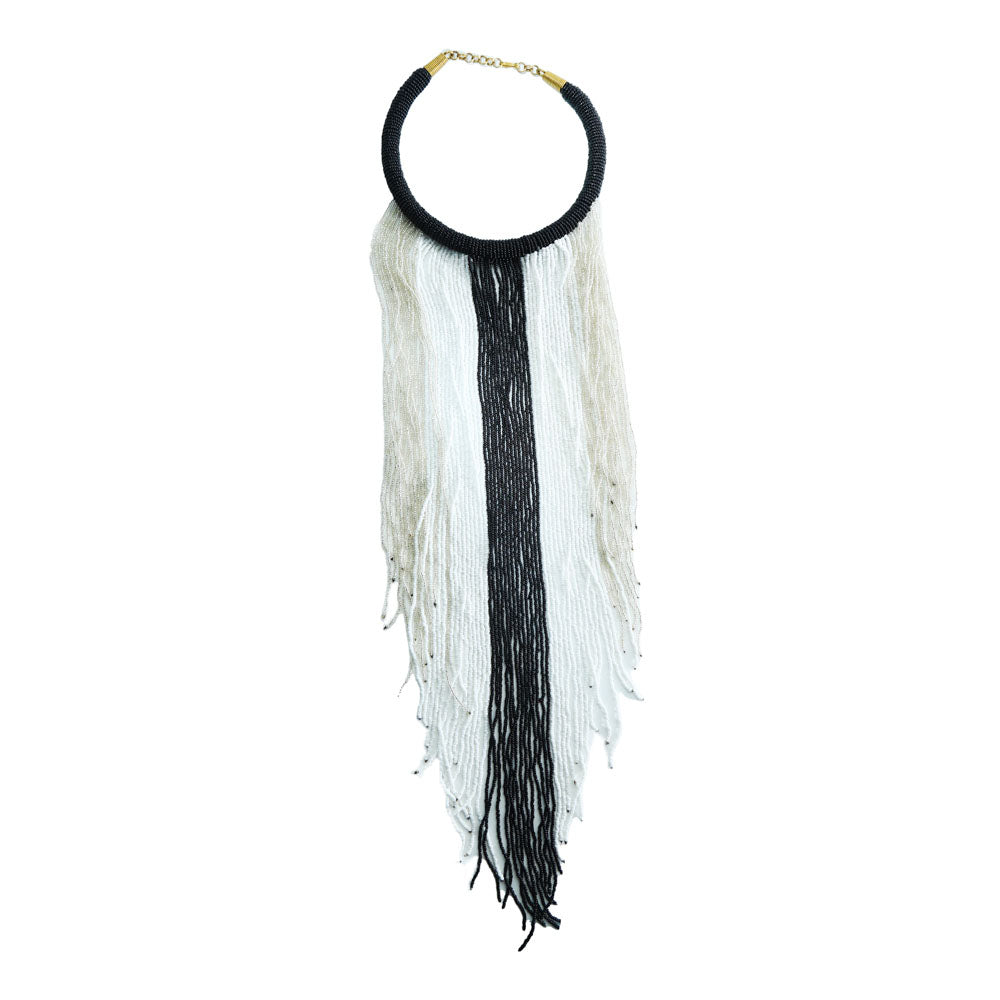 An illustrious display of beadwork. The Diama necklace is a stunning statement piece. Uniquely handcrafted, each bead strung by hand.