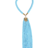 A collection of glass beads delicately strung to create this vivid tassle necklace. The beauty of African jewlery is showcased in this gorgeous handcrafted necklace.
