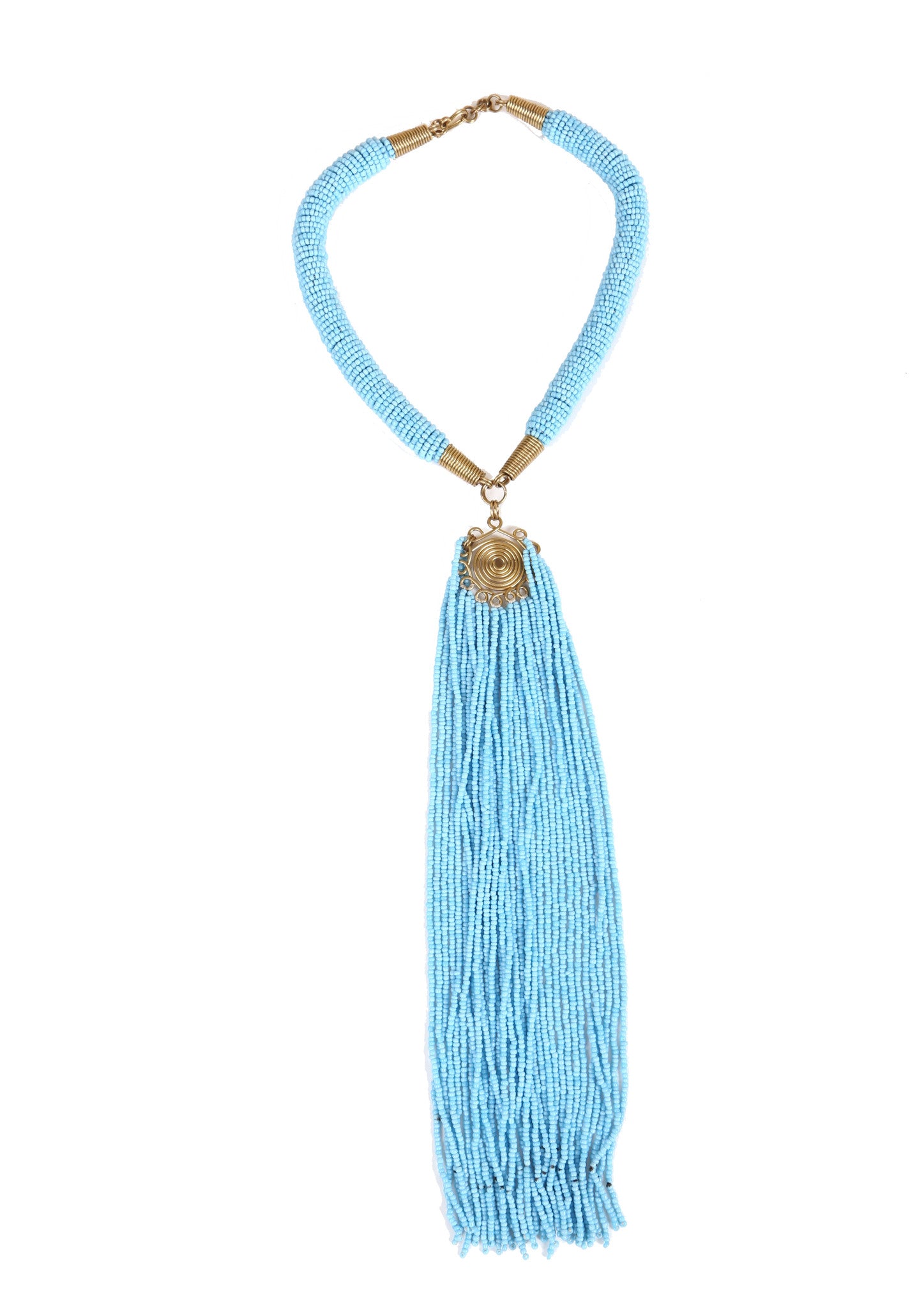 A collection of glass beads delicately strung to create this vivid tassle necklace. The beauty of African jewlery is showcased in this gorgeous handcrafted necklace.