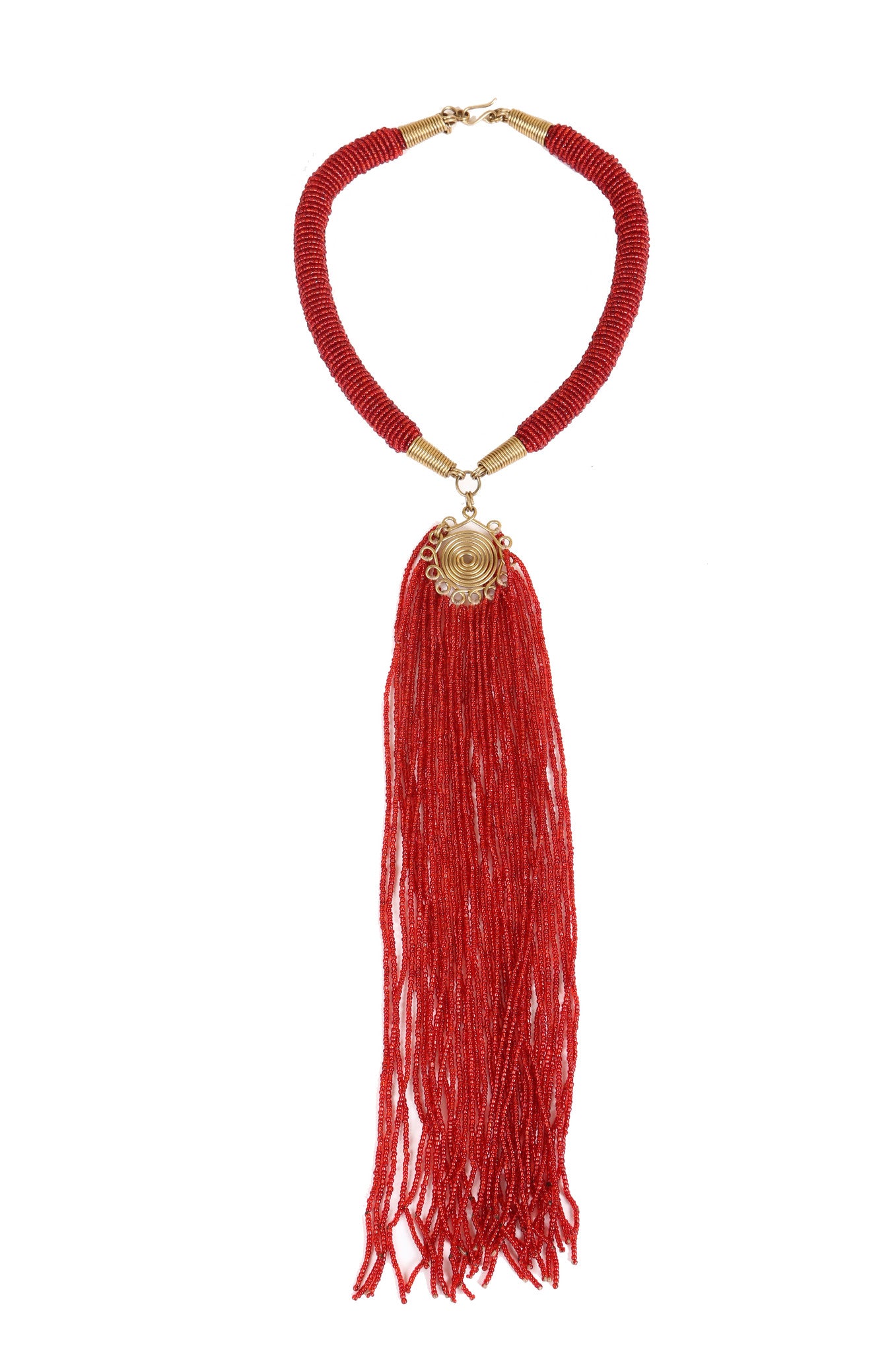 A collection of glass beads delicately strung to create this vivid tassle necklace. The beauty of African jewlery is showcased in this gorgeous handcrafted necklace.