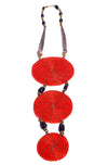 This stunning one-of-a-kind necklace features hundreds of red glass beads each individually placed by hand, giving it a bold and striking design. Get lots of compliments on this unique and bold statement necklace.