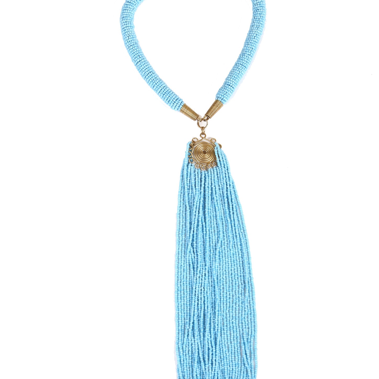 A collection of glass beads delicately strung to create this vivid tassle necklace. The beauty of African jewlery is showcased in this gorgeous handcrafted necklace.