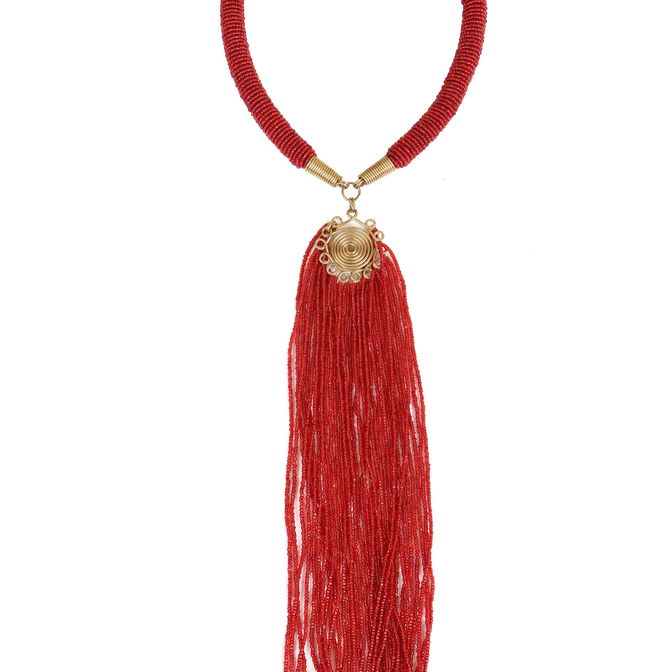 A collection of glass beads delicately strung to create this vivid tassle necklace. The beauty of African jewlery is showcased in this gorgeous handcrafted necklace.