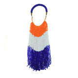 A celebration of color and beadwork. Each bead is strung by hand, creating a joyful dance of cascading beads. A versatile statement necklace that can be worn with a  t-shirt and jeans or dressed up for a dinner date.